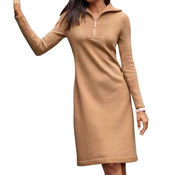 Talbots Sweater Dress Women's Medium Tan Zip Collar Tweed Knee Length Knit - Picture 2 of 6